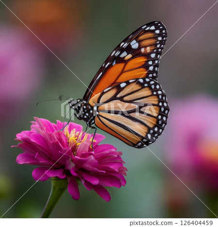 Monarch Butterfly on Pink Zinnia Flower 126404459