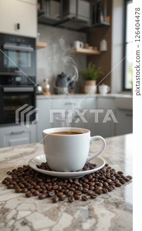 Steaming Coffee Cup with Roasted Beans and Cream 126404478
