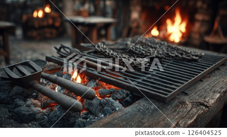 Rustic Metal Grill with Chains Over Embers 126404525