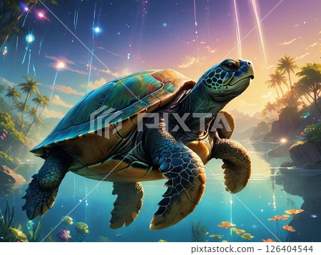 Turtle swimming towards the sun 126404544