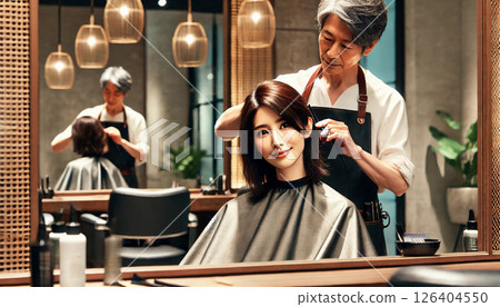 A beautiful Japanese woman in her 40s having a haircut at a salon. She is sitting in a modern salon chair 126404550