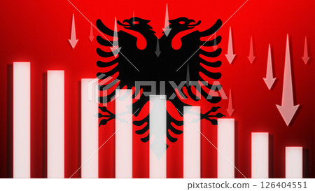 Flag with a declining bar chart and down arrows, symbolizing decline in data, performance, or various national indicators in the country. 126404551