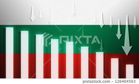Flag with a declining bar chart and down arrows, symbolizing decline in data, performance, or various national indicators in the country. 126404563