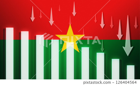 Flag with a declining bar chart and down arrows, symbolizing decline in data, performance, or various national indicators in the country. 126404564
