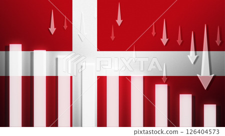 Flag with a declining bar chart and down arrows, symbolizing decline in data, performance, or various national indicators in the country. 126404573