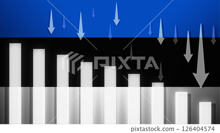 Flag with a declining bar chart and down arrows, symbolizing decline in data, performance, or various national indicators in the country. 126404574