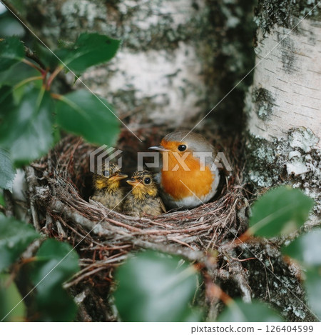Robin Family in Nest: Closeup of Bird and Chicks 126404599