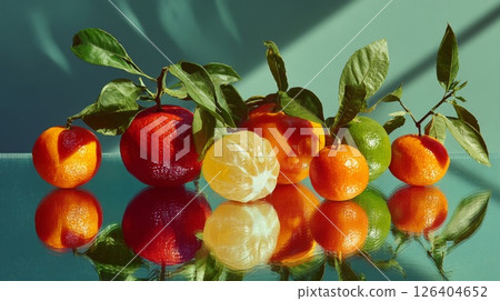 Vibrant Citrus Still Life with Reflections Vibrant Citrus Still Life with Reflections 126404652