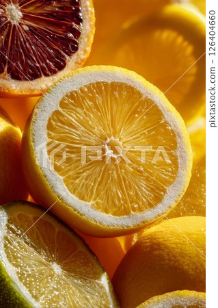 Closeup of Sliced Citrus Fruits:  Bright Yellow Lemon, Red Blood Orange, and Green Lime Closeup of Sliced Citrus Fruits:  Bright Yellow Lemon, Red Blood Orange, and Green Lime 126404660