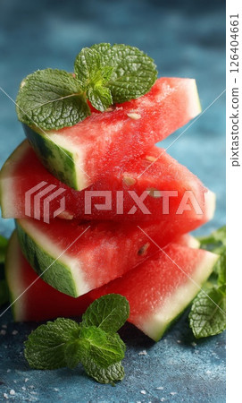 Stacked Watermelon Slices with Fresh Mint on Blue Background 126404661