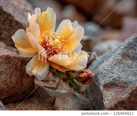 Orange Cactus Flower Blooming Among Desert Rocks 126404821