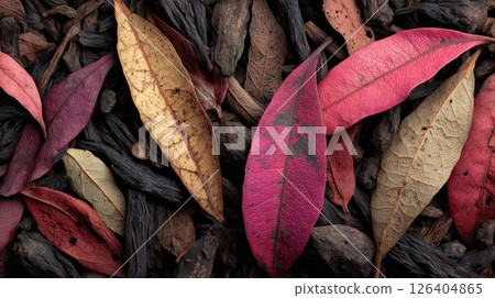 Red and Brown Dried Leaves on Dark Background 126404865
