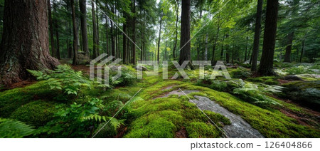 Lush Green Forest Path with Mossy Rocks 126404866
