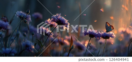 Purple Flowers and Butterfly in Sunset Meadow 126404941
