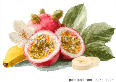 Vibrant Passion Fruit and Banana Still Life 126404942