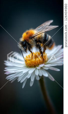 Bumblebee on White Daisy Flower Macro Shot 126404960