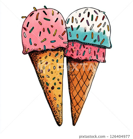 Two Ice Cream Cones with Sprinkles in Heart Shape 126404977