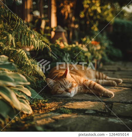 Orange Cat Sleeping Peacefully in a Sunlit Garden Orange Cat Sleeping Peacefully in a Sunlit Garden 126405014
