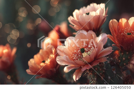 Peach Cactus Flowers in Soft Sunset Light 126405050