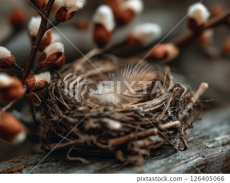 Baby Bird in Nest with Pussy Willow Branches 126405066