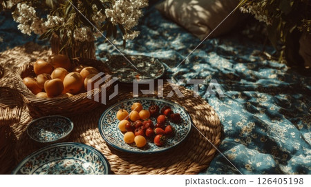 Summer Picnic with Cherries and Plums on Blue Cloth 126405198