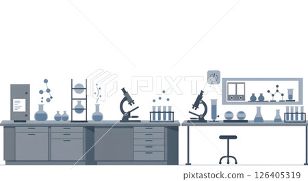 Modern scientific laboratory interior with microscopes and chemical glassware illustration 126405319