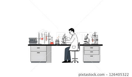 Asian male scientist examining sample through microscope in laboratory illustration Asian male scientist examining sample through microscope in laboratory illustration 126405322