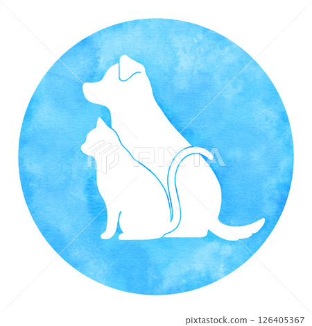 Watercolor round silhouettes of dogs and cats in blue Watercolor round silhouettes of dogs and cats in blue 126405367