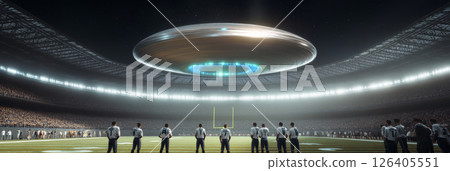 UFO hovering over football stadium during night game, crowd mesmerized 126405551