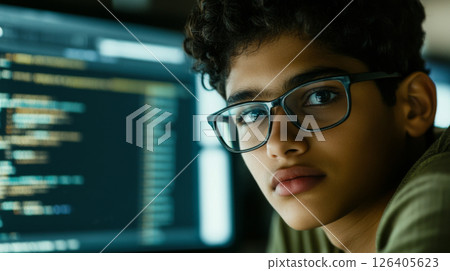 Indian teenager focused on coding with computer monitor in background 126405623