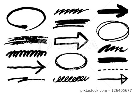 Set of hand drawn ovals, arrows and lines. Doodle style decoration. Geometric vector illustration. 126405677