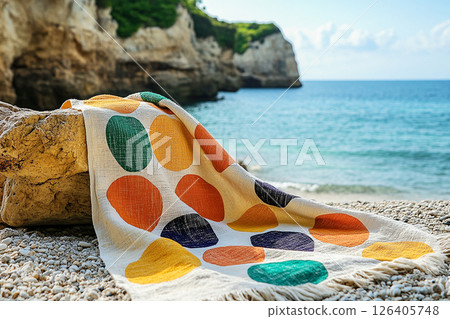 Beach towel with bold geometric patterns in summer beach. Retro style. Close-up. 126405748