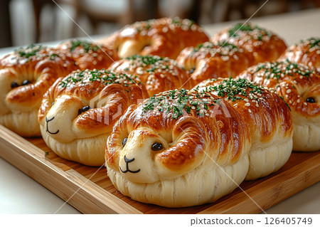 Bakehouse. Variety of baked lamb-shaped buns in on a wooden trading tray on a white background. 126405749