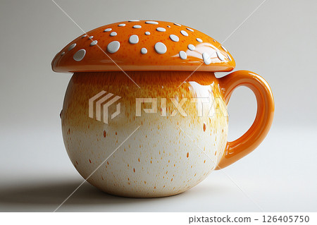 Ceramic cup with lid in shape of a orange mushroom in a rustic style on a white background. 126405750