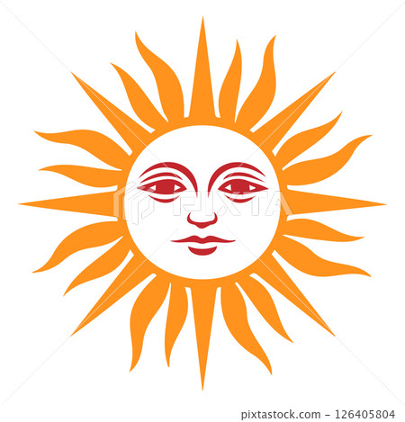 Sun illustration with face and radiant sunbeams in vibrant orange and white colors against a plain background Sun illustration with face and radiant sunbeams in vibrant orange and white colors against a plain background 126405804