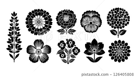 Vibrant flower illustration collection showcasing various botanical designs in a striking silhouette style Vibrant flower illustration collection showcasing various botanical designs in a striking silhouette style 126405808