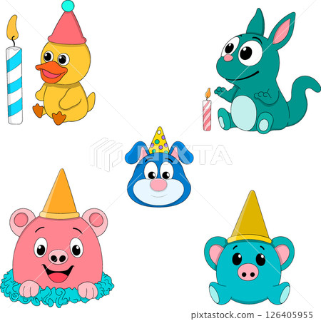 Cute Cartoon Animals Celebrating Birthday with Party Hats and Candles Cute Cartoon Animals Celebrating Birthday with Party Hats and Candles 126405955