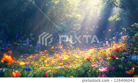 Fairytale Garden Path Illuminated by Sunset Glow 126406043