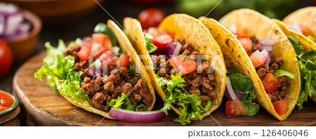 Rustic Beef Tacos with Fresh Ingredients on Wooden Board 126406046
