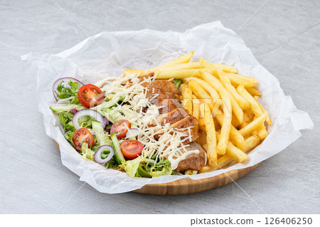 Grilled Chicken Salad with Fries and Parmesan on Bamboo Tray 126406250