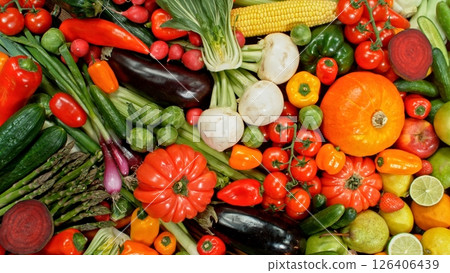 Assortment of Various Kind of Fresh Fruits and Vegetable. High Angle View. 126406439