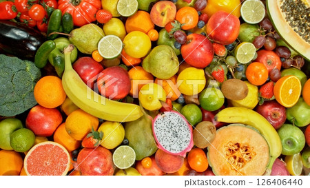 Assortment of Various Kind of Fresh Fruits and Vegetable. High Angle View. 126406440