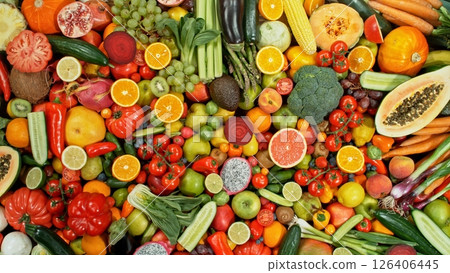Assortment of Various Kind of Fresh Fruits and Vegetable. High Angle View. 126406445