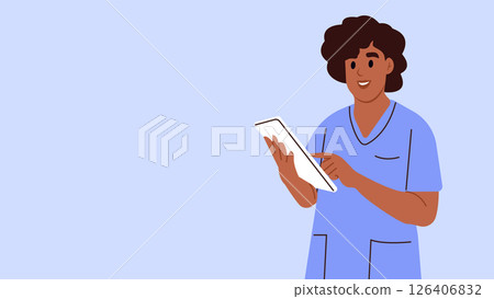 Female doctor in a white uniform holds clipboard. Health concept, detection and treatment of diseases. Vector illustration in flat style. 126406832