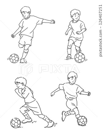 Line drawing illustration of a boy playing soccer 126407251