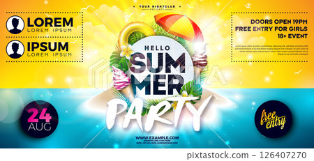 Summer Beach Party Flyer Design with Abstract Design Elements and Typography Lettering on Tropical Island Background. Vector Summer Holiday Illustration with Exotic Palm Leaves and Flower for Banner 126407270