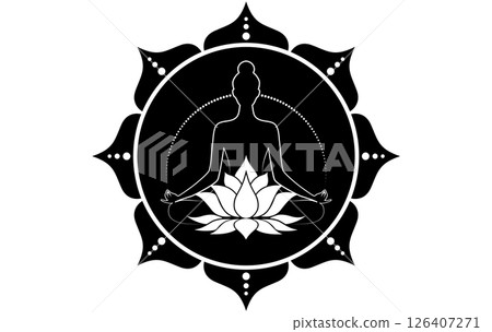 Lotus Mandala logo design. Woman sitting in lotus position, meditating. Sacred Lotus Flower blossom symbol of yoga, spa, beauty salon, cosmetics, relax, brand style. Vector isolated black background 126407271