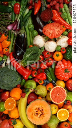 Different Types of Fresh Fruit and Vegetables on a Pile , Close-up Different Types of Fresh Fruit and Vegetables on a Pile , Close-up 126407323