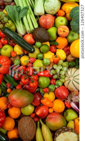 Different Types of Fresh Fruit and Vegetables on a Pile , Close-up Different Types of Fresh Fruit and Vegetables on a Pile , Close-up 126407327