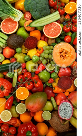 Different Types of Fresh Fruit and Vegetables on a Pile , Close-up Different Types of Fresh Fruit and Vegetables on a Pile , Close-up 126407330